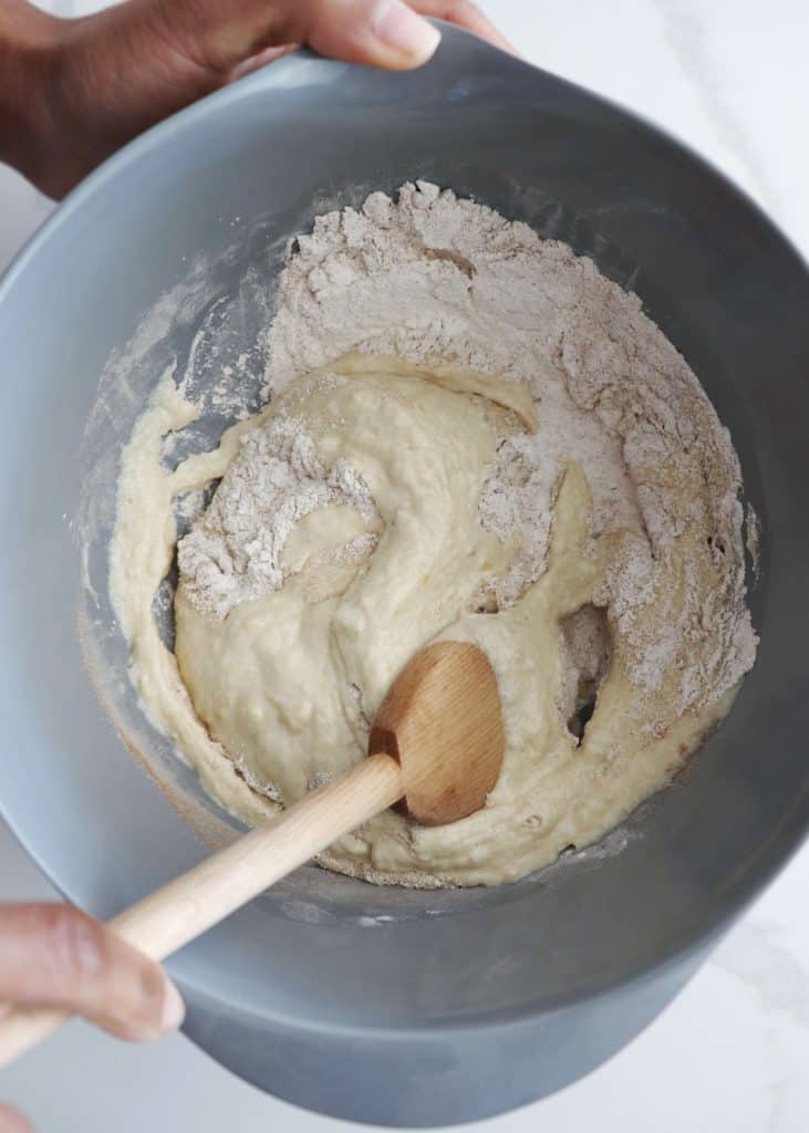 Mixing bowl with Banana Spice Muffin ingredients