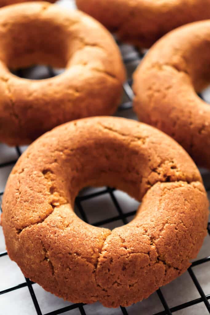 Pumpkin spice cake donuts on a black metal cooling rack 