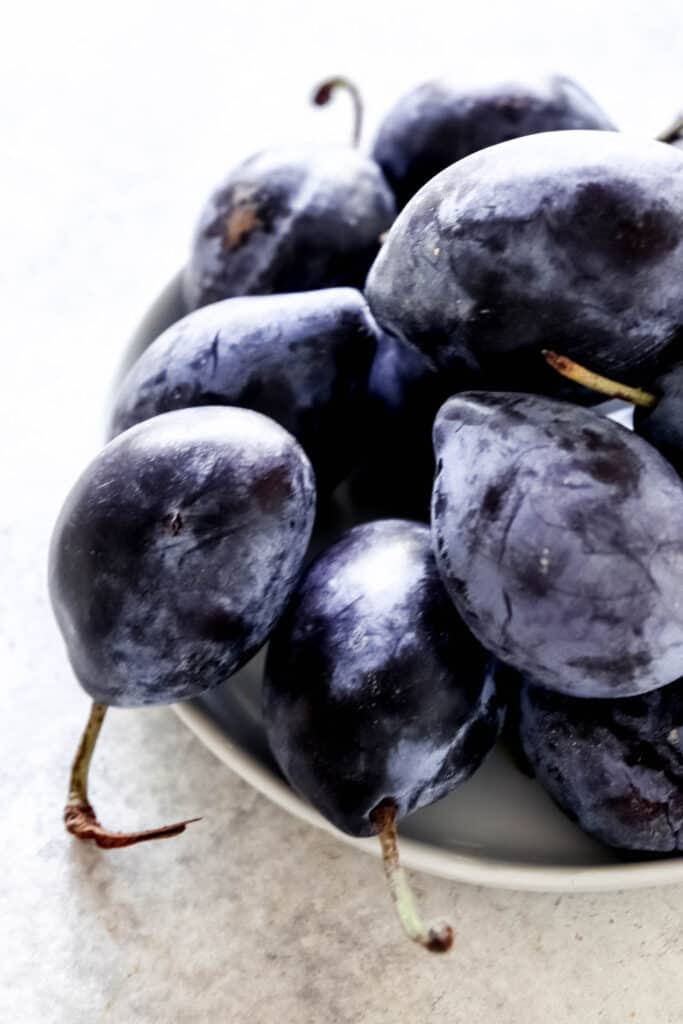 Italian blue plums on white backdrop