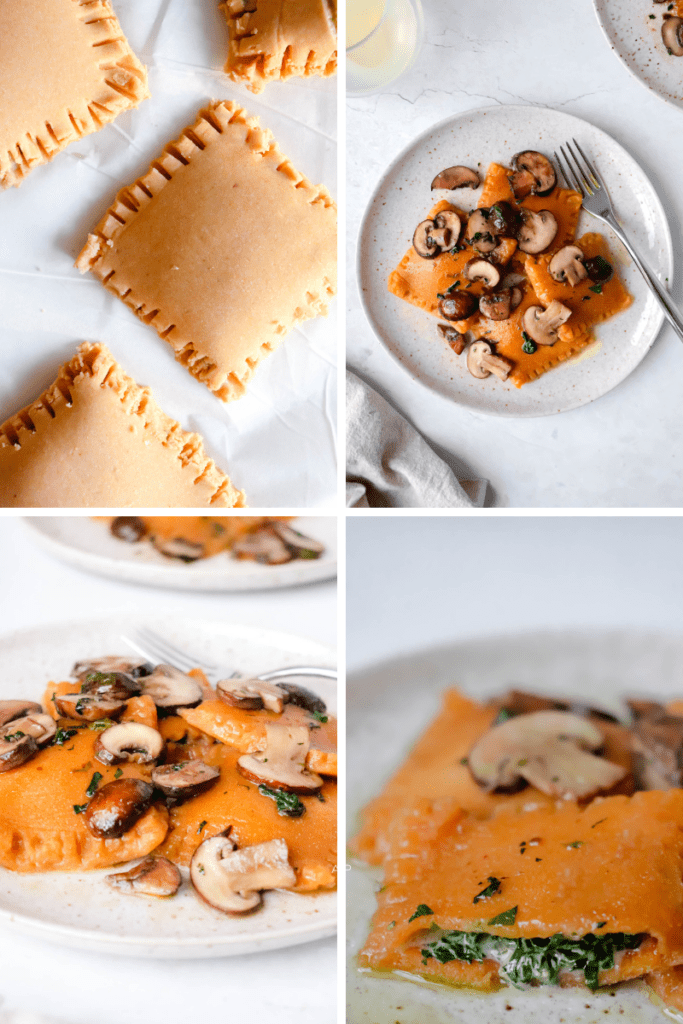 gallery view with top left image featuring precooked sweet potato ravioli, top right showing overhead shot of a plate with sweet potato ravioli with spinach, a fork and a class of kombucha, bottom left image showing another angle of the same image, bottom right image showing sweet potato ravioli cut open to reveal spinach filling