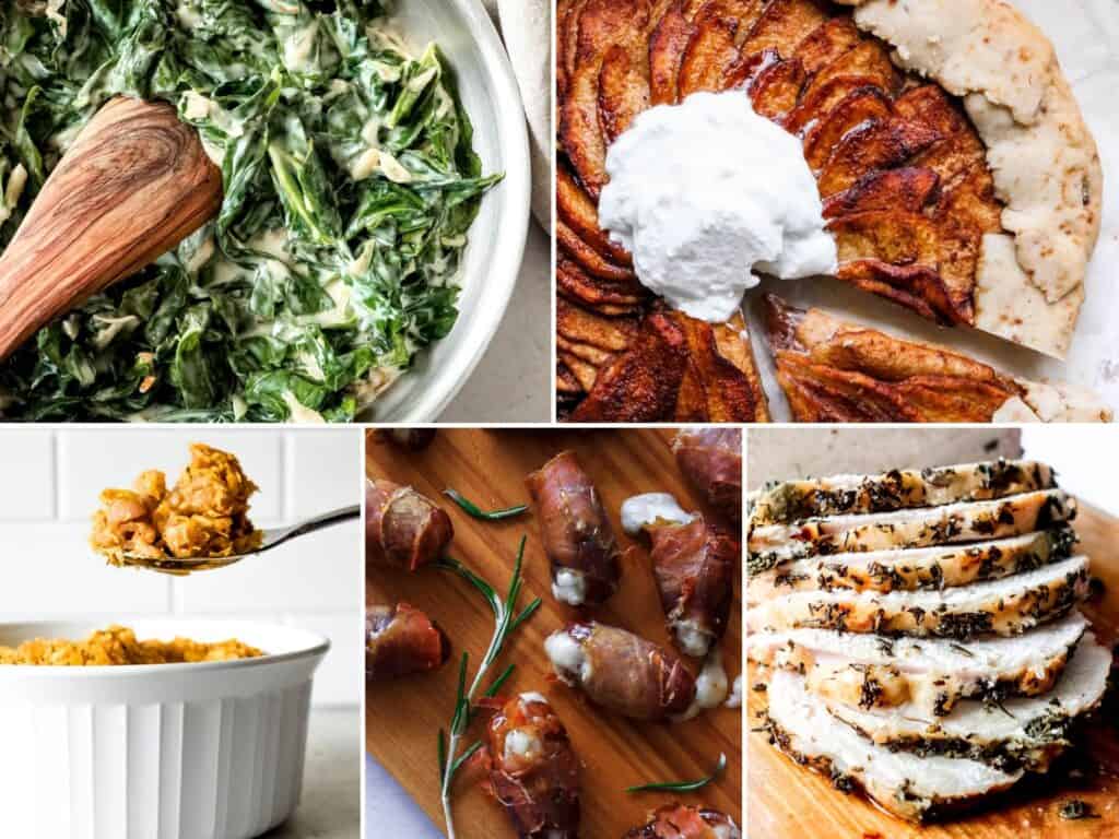 collage image of sauteed greens, apple galette, mac and cheese, bacon wrapped dates and herb roasted turkey breast