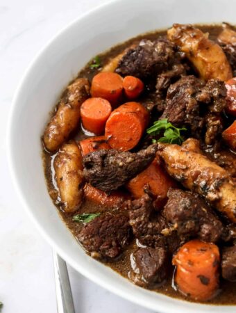 white bowl with stewed beef, carrots, cilantro and dumplings