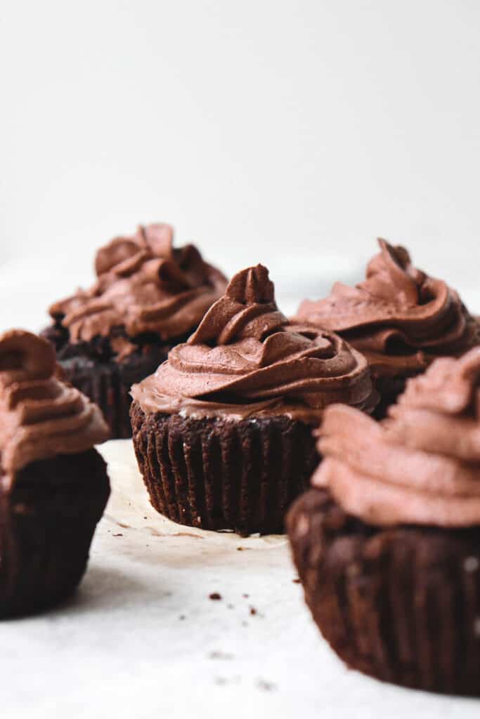 chocolate cupcakes iced with chocolate icing against a white background