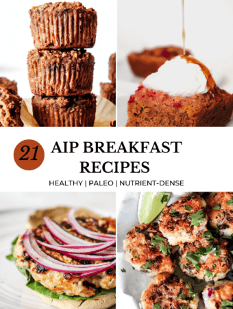 collage of aip breakfast recipes, top left image is a stack of three zucchini muffins, bottom left is a turkey burger with sliced onions on lettuce and a biscut top right is a baked pancake square with whipped coconut cream and a drizzle of maple syrup and bottom right is a lime wedge with cod fritters