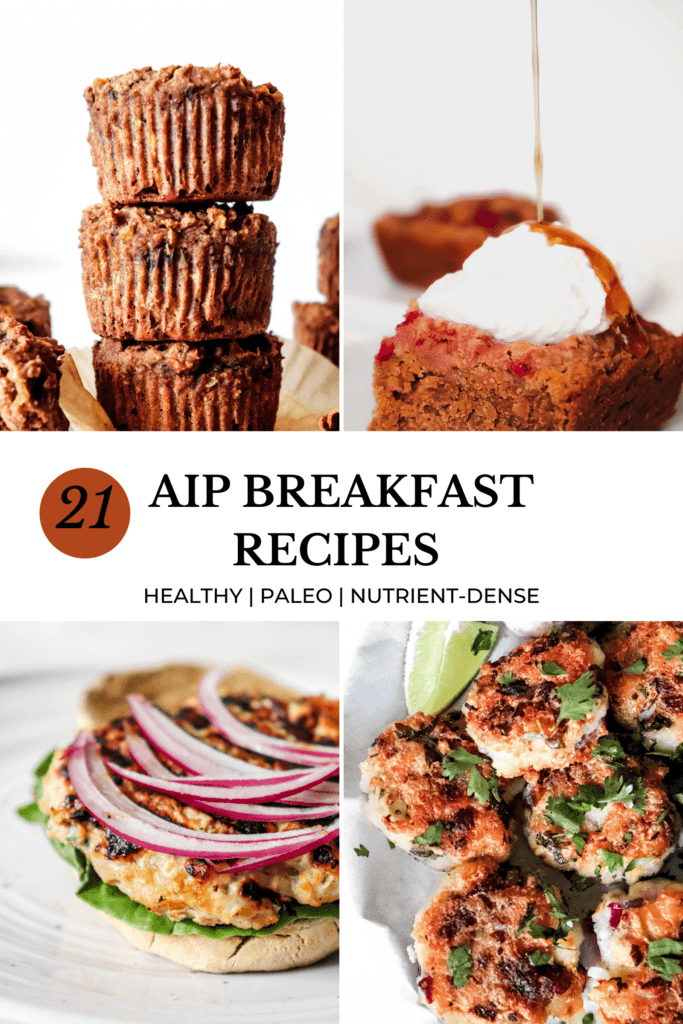 collage of aip breakfast recipes, top left image is a stack of three zucchini muffins, bottom left is a turkey burger with sliced onions on lettuce and a biscut top right is a baked pancake square with whipped coconut cream and a drizzle of maple syrup and bottom right is a lime wedge with cod fritters