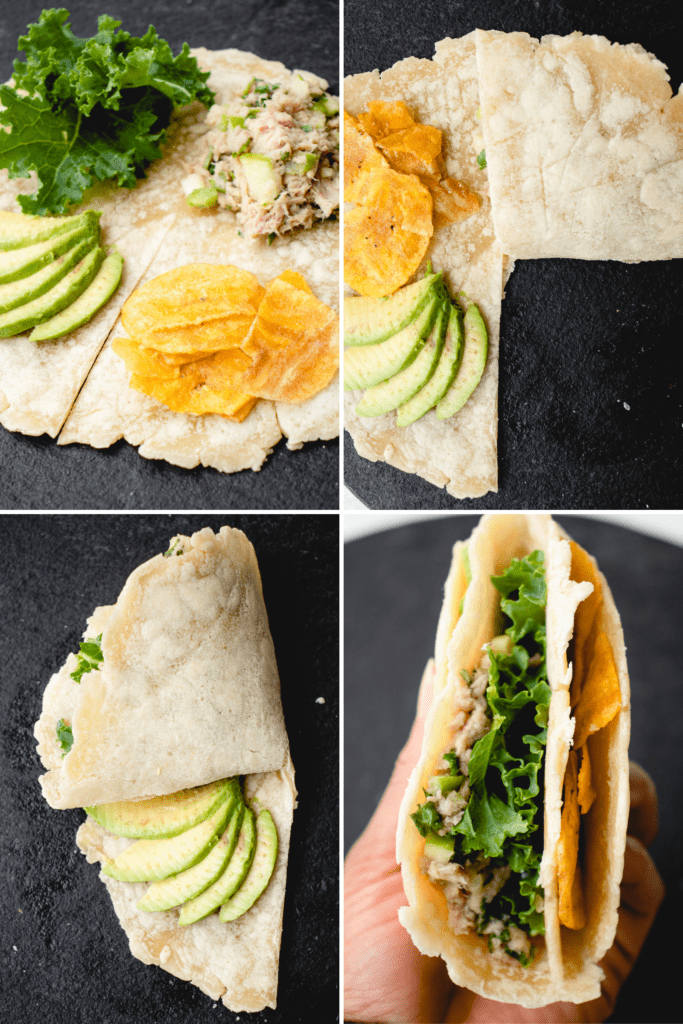 four photo grid, top left photo showing circular wrap with kale in top left quarter, tuna salad in top right quarter, sliced avocado in bottom left corner and plantain chips in bottom right corner with a split in the lower half of the wrap, top right image shows the wrap with the bottom quarter folded up toward the top, the third image shows the wrap folded into thirds, the fourth image shows a hand holding the fully folded wrap