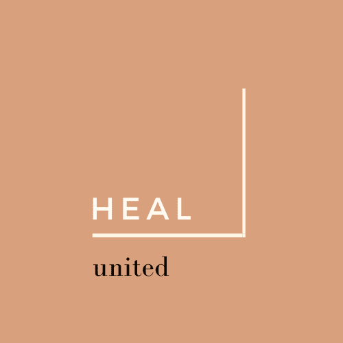 Logo that says Heal United with two cream lines meeting at ninety degrees encasing the word heal against a brown backdrop