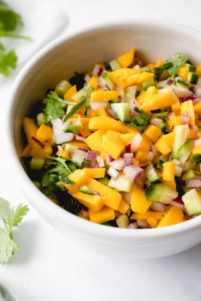 white bowl with diced mango, red onions, cucumbers and cilantro on a white background with sprigs of cilantro framing the left side of the bowl