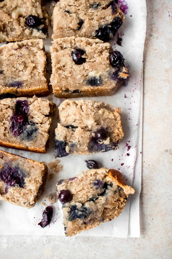 four slices of lemon blueberry banana bread cut into eight squares on two pieces of parchment paper laid on a light grey background