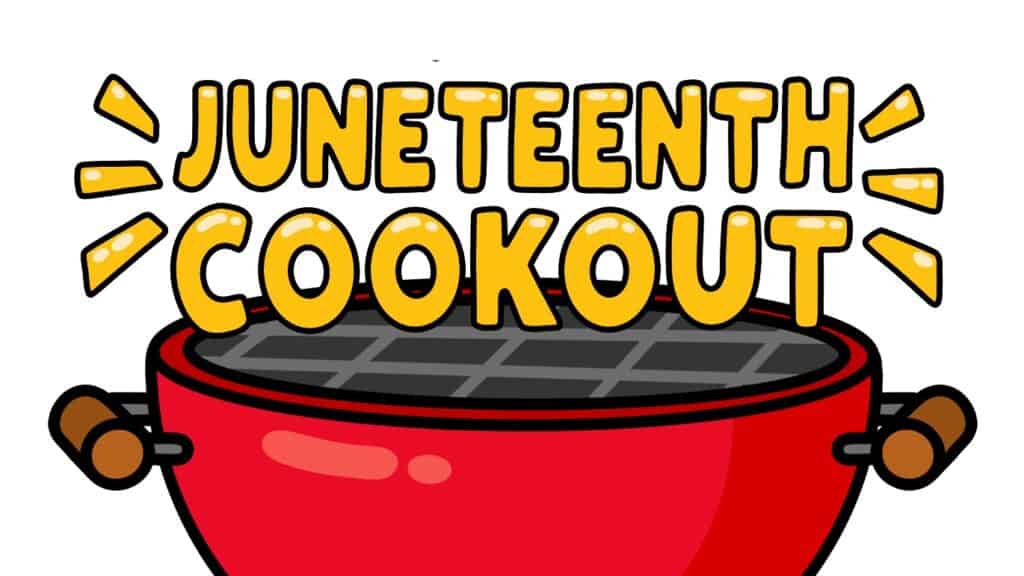 banner featuring red bbq pit with the words juneteenth cookout in capital letters in a yellow font above the grill 