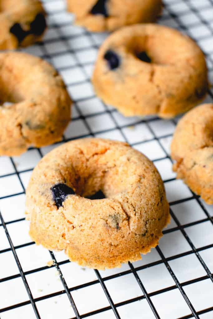 six mini blueberry donuts arranged in two rows of three  on a black metal cooling rack against a white background