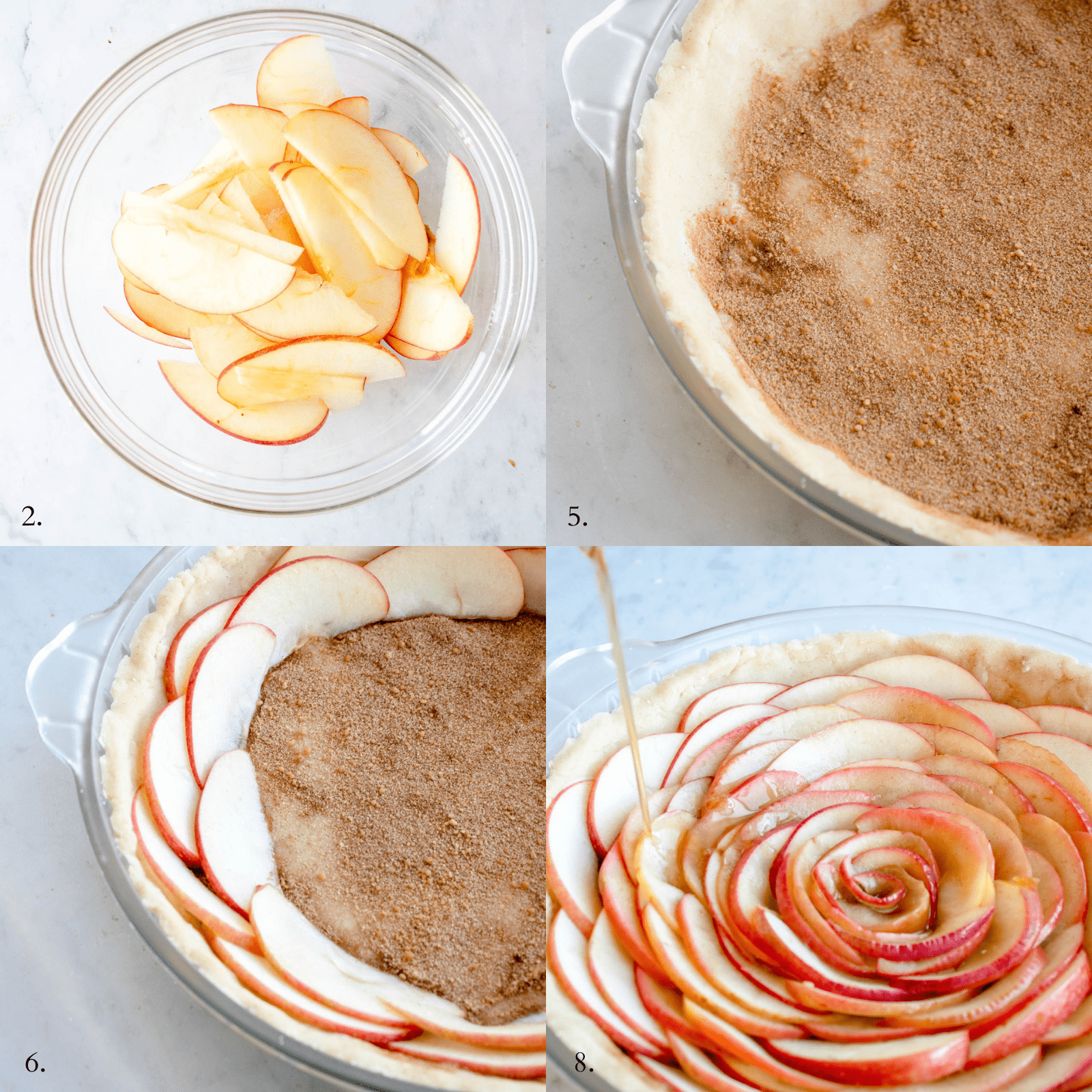 collage of four images. top left image is a clear glass bowl with sliced red apples, top right image is a par baked pie crust lined with cinnamon sugar, bottom left image is the pie crust lined with cinnamon sugar and two concentric circular rows of half moon sliced apples and the image on the bottom right is the same tart fully packed with apple slices with a maple glaze being drizzled on top