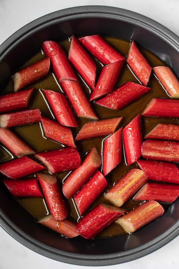 overhead shot of baking dish with cooked rhubarb