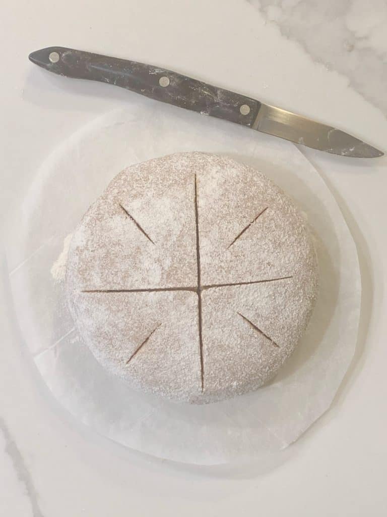 proofed dough dusted with flour and scored on top with a knife