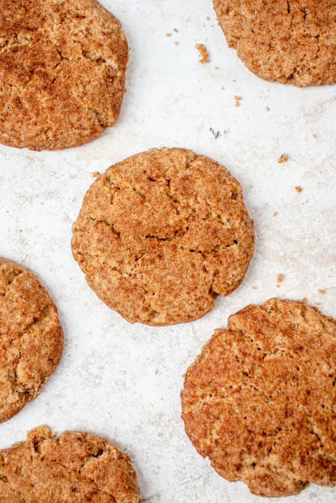 Overhead view of six dairy-free paleo AIP snickerdoodles with scattered cookie crumbs.
