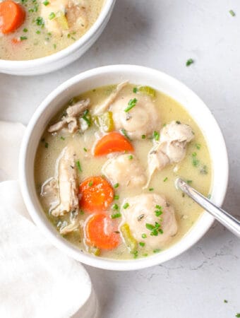 Two bowls of AIP/Paleo Chicken and Dumpling Soup