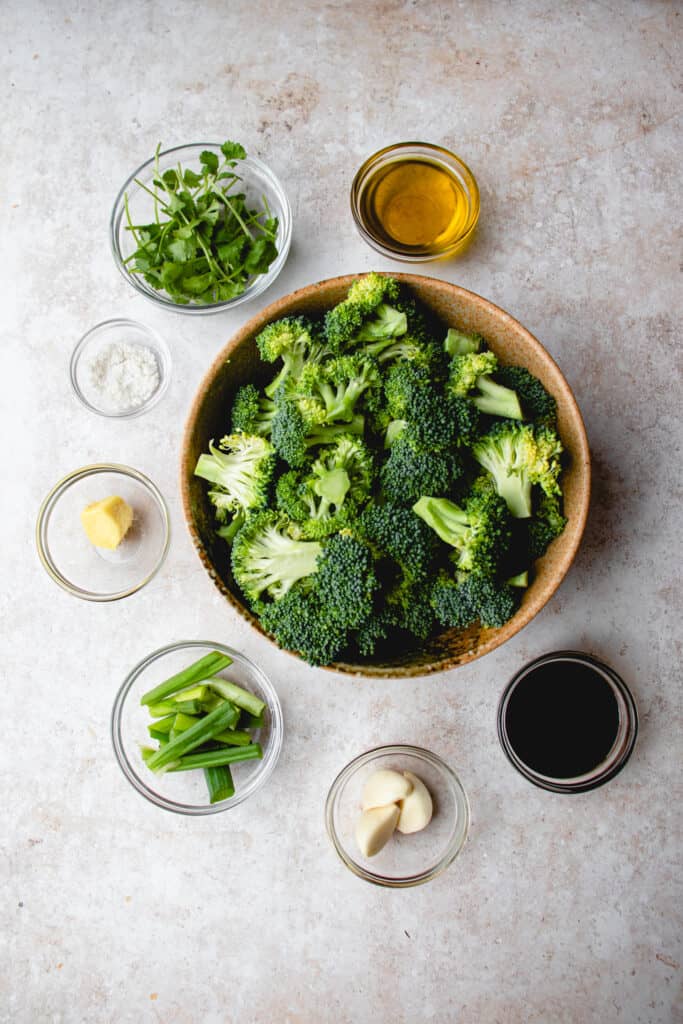 Ingredients to make smashed broccoli and ginger-cilantro marinade