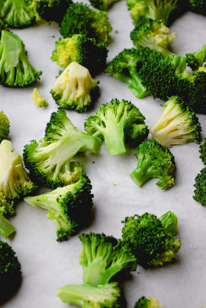Steamed broccoli on a sheet pan