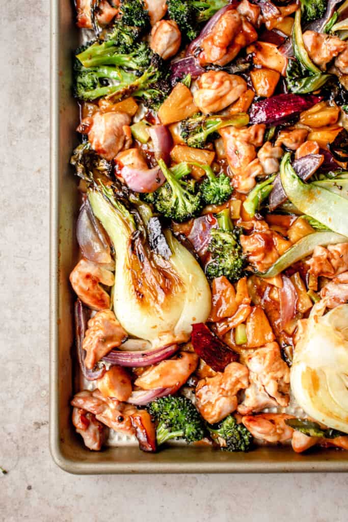 Sheetpan with paleo sweet and sour chicken and vegetables
