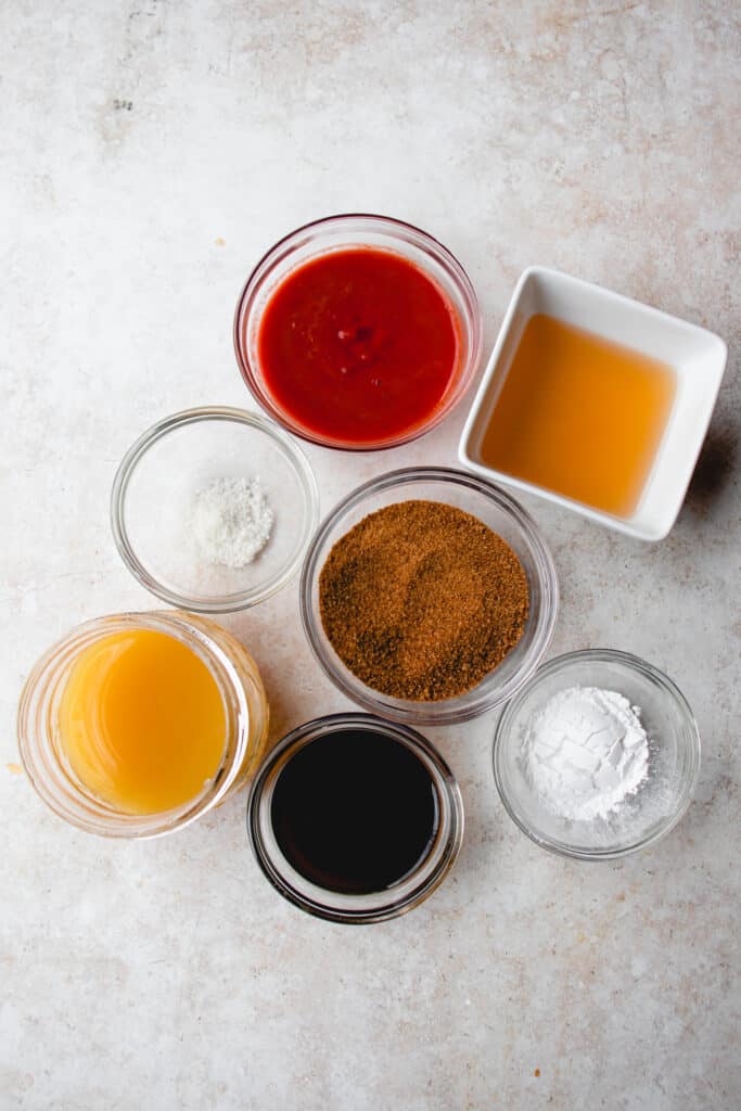Mise en place of sweet and sour sauce ingredients