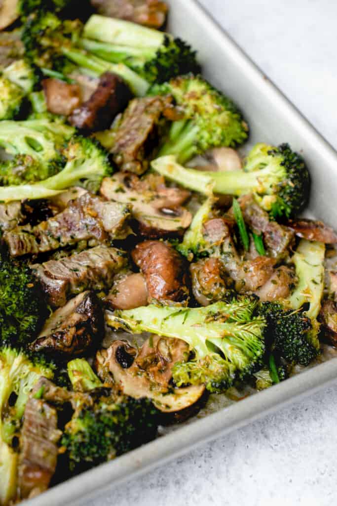 easy AIP sheet pan dinner with beef, broccoli and mushrooms