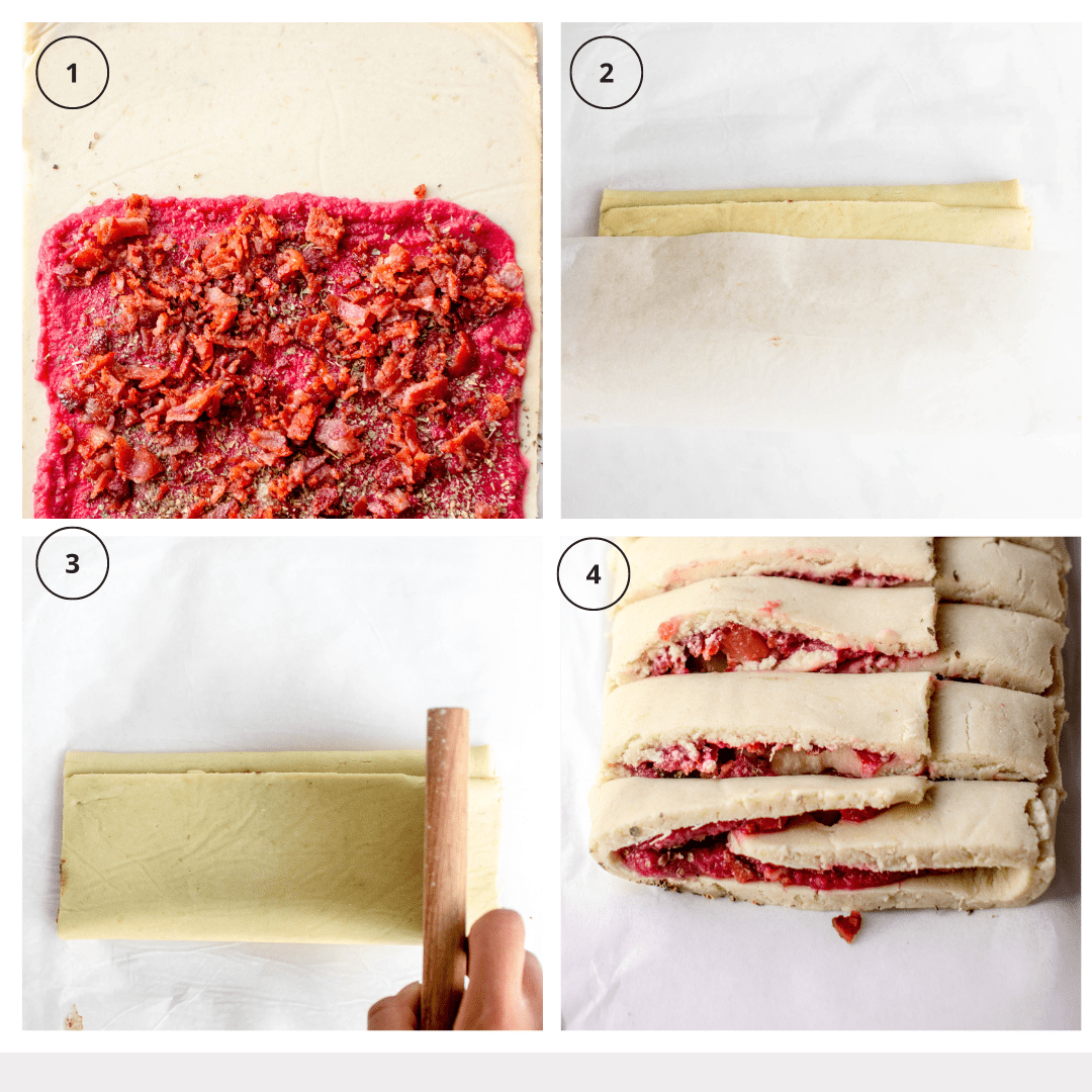 4 grid collage showing the step-by-step process of filling, folding and cutting the AIP and gluten free pizza rolls dough