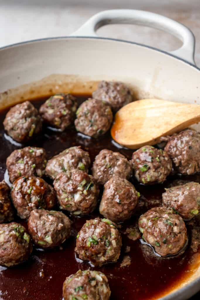 Skillet with beef meatballs and honey garlic sauce