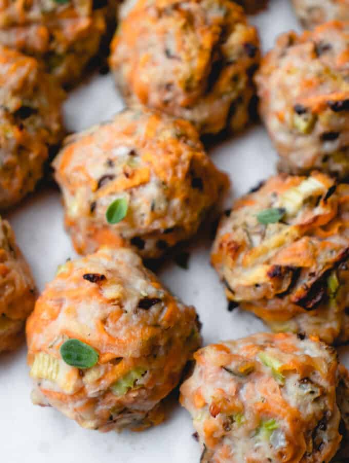 Baked Egg-free AIP/Paleo Breakfast Meatballs on parchment paper.