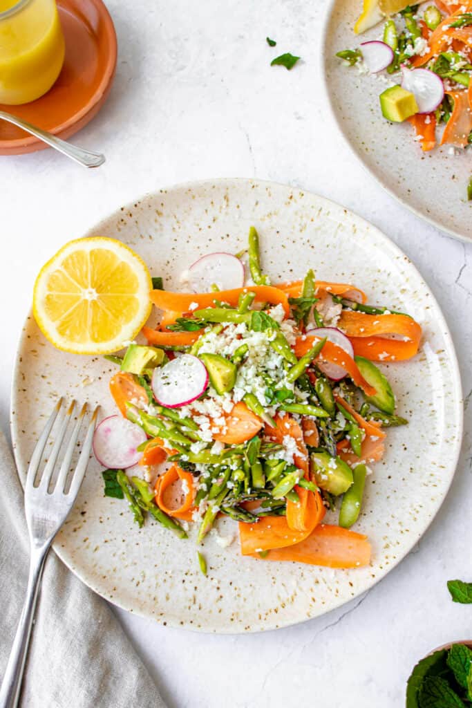 A Vegetable Salad with AIP compliant vegetables including carrots, asparagus, cauliflower, radishes with avocado and mint leaves.