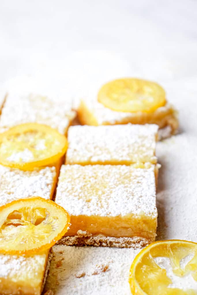 Cut lemon squares garnished with arrowroot starch and candied lemon slices.