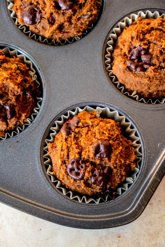 Baked vegan and gluten-free Pumpkin Chocolate Chip Muffins