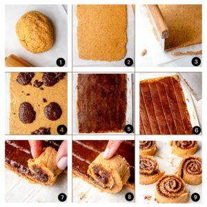 A collage with pictures numbered one to nine of the steps needed to roll out the ball of dough into a rectangle, cut off irregular edges, fill the dough with the pumpkin spiced filling, cut the dough into strips, then individually roll each strip of dough into a pumpkin cinnamon roll.