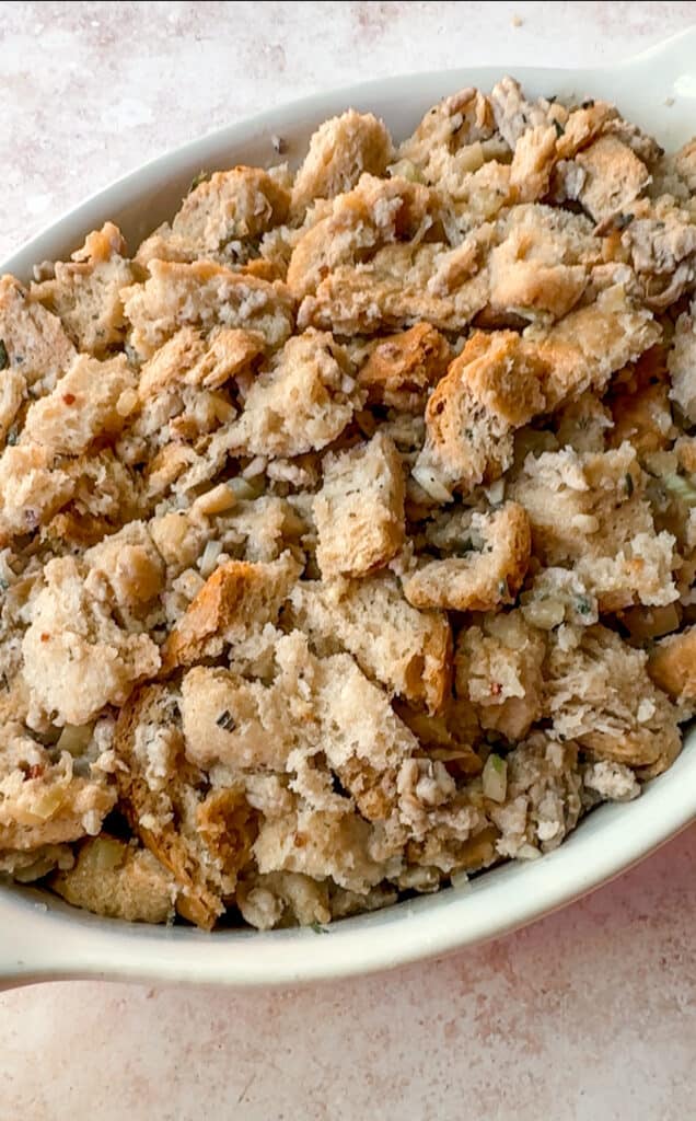 Assembled and unbaked Gluten-Free Stuffing.