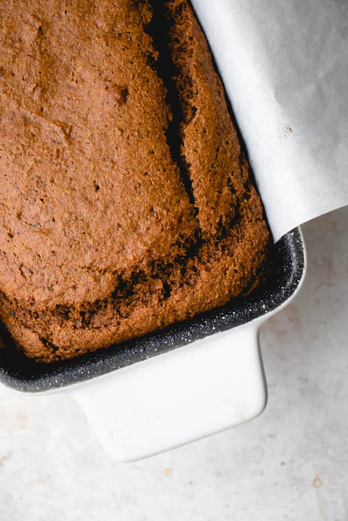 Overhead shot of Gluten-Free Gingerbread Loaf in a loaf pan.