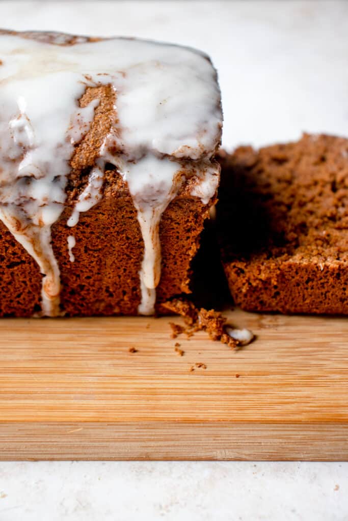 Side view of the Gluten-Free Gingerbread Loaf with coconut glaze