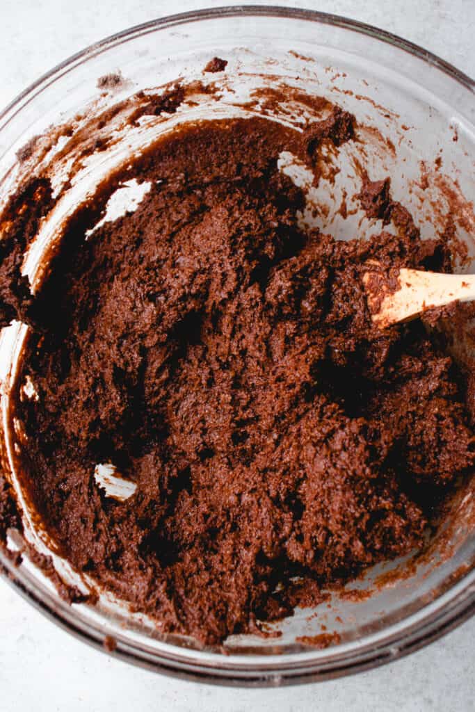 Wet and dry ingredients fully mixed together to create the Gluten-free Yule Log dough.