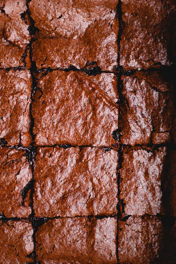 Close up of baked and cut Gluten-Free Vegan Brownies.