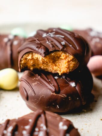 A stack of two DIY Vegan Chocolate Covered Easter Eggs