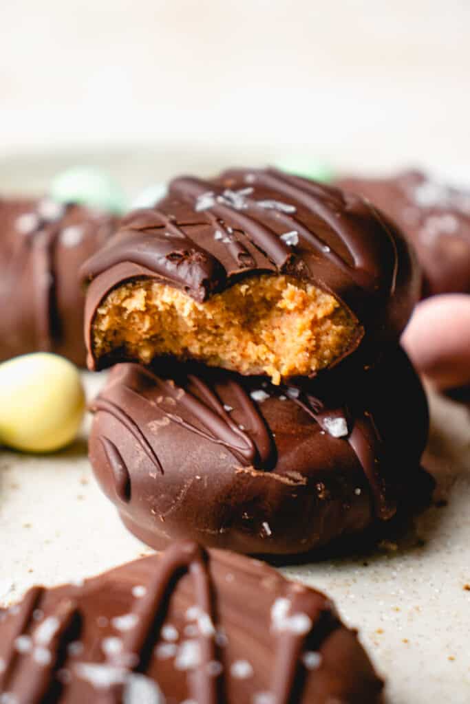 A stack of two DIY Vegan Chocolate Covered Easter Eggs