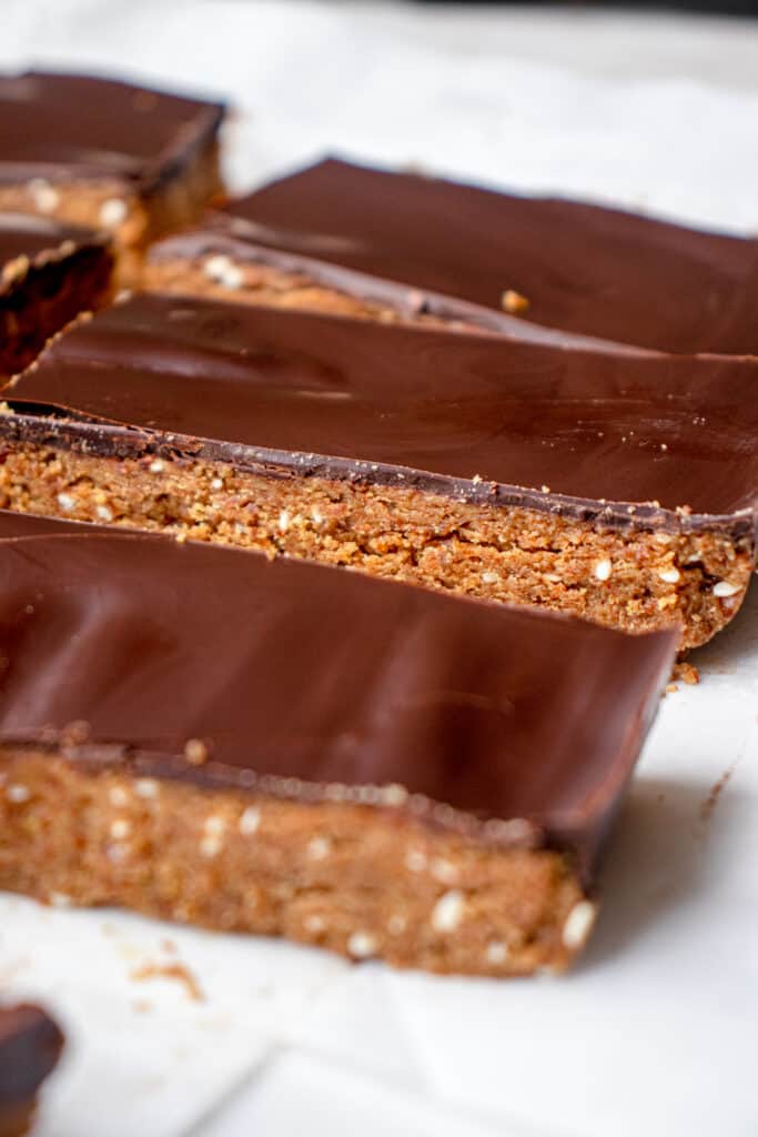 Rectangular Gluten-Free Dairy-Free Protein Bars on parchment paper.