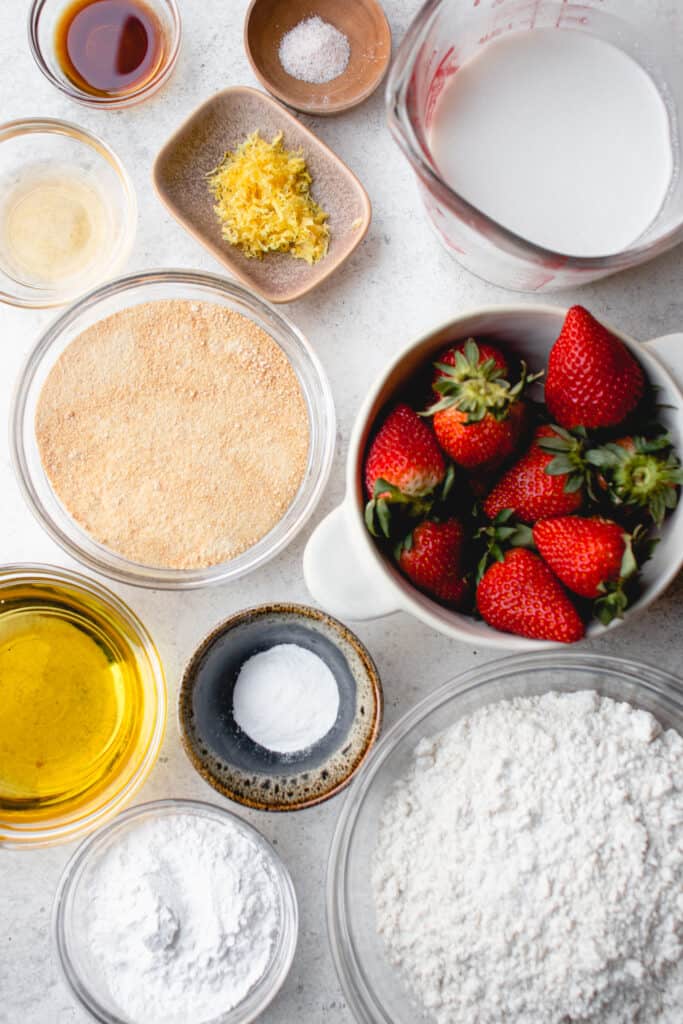 Mise en place of ingredients to make this Gluten-Free Strawberry Cake. 