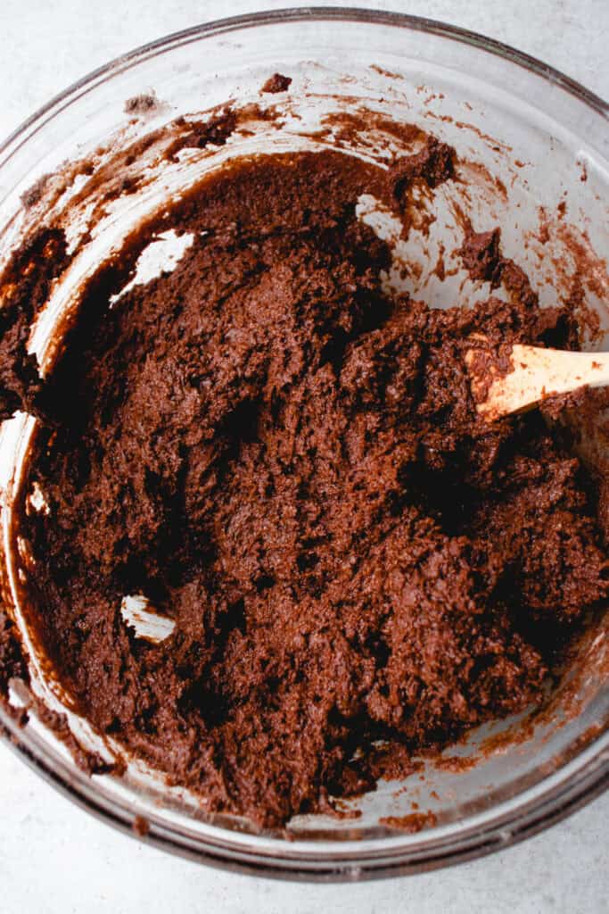 Wet and dry ingredients fully mixed together to create the dough for the chocolate sponge cake cookies.
