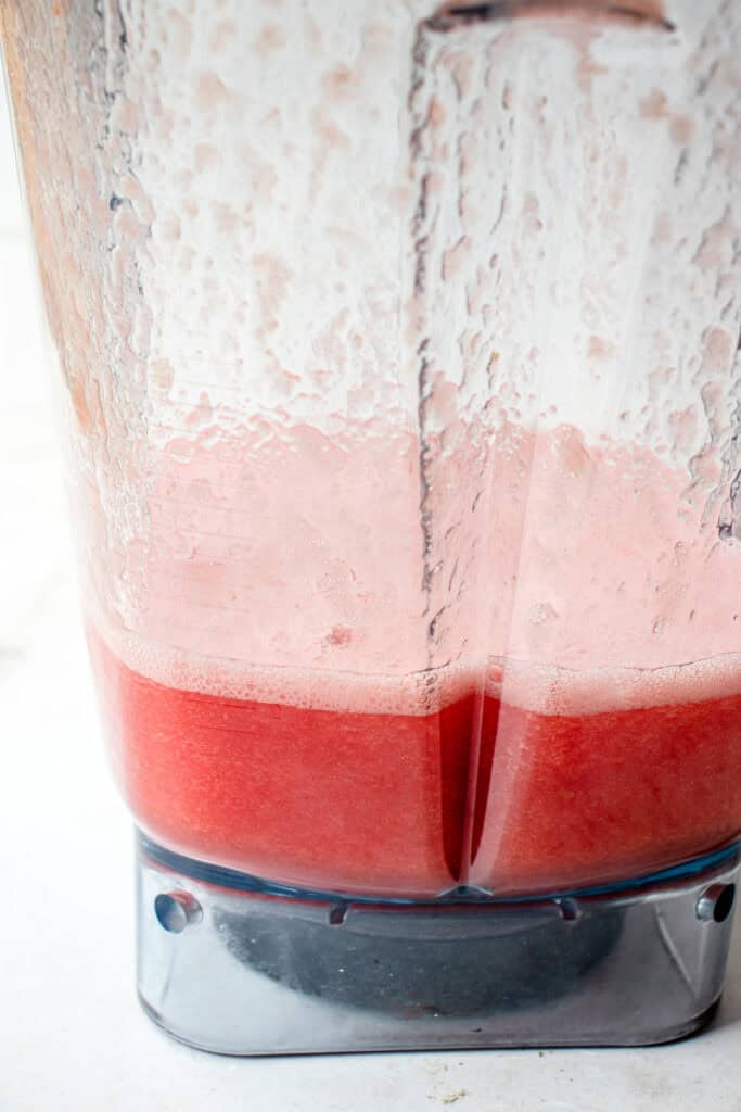 Puréed watermelon in a blender.