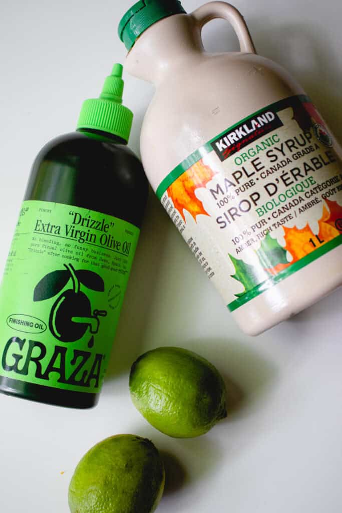 Additional ingredients and garnishes for the sorbet: Maple syrup, two limes, and 