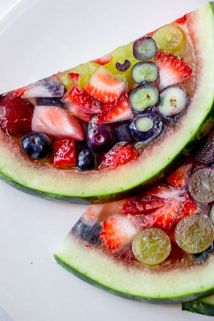 Watermelon Fruit Jello slices on a plate.