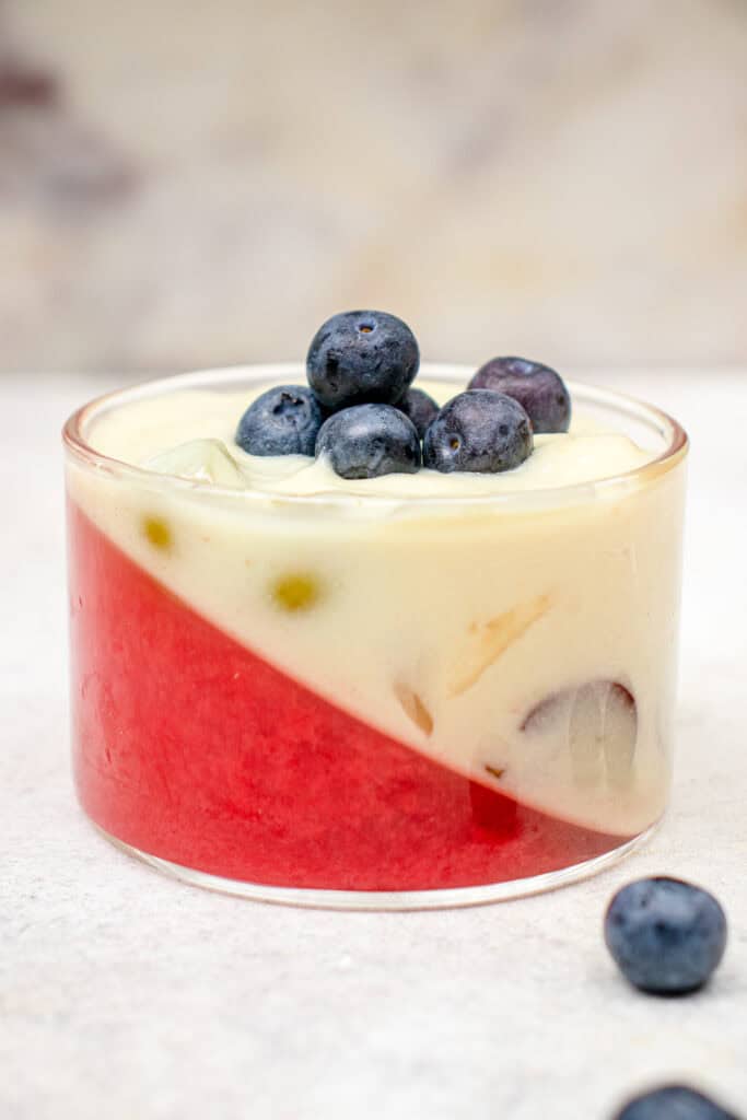 Watermelon Jelly and Custard with fresh fruits topped with fresh blueberries.