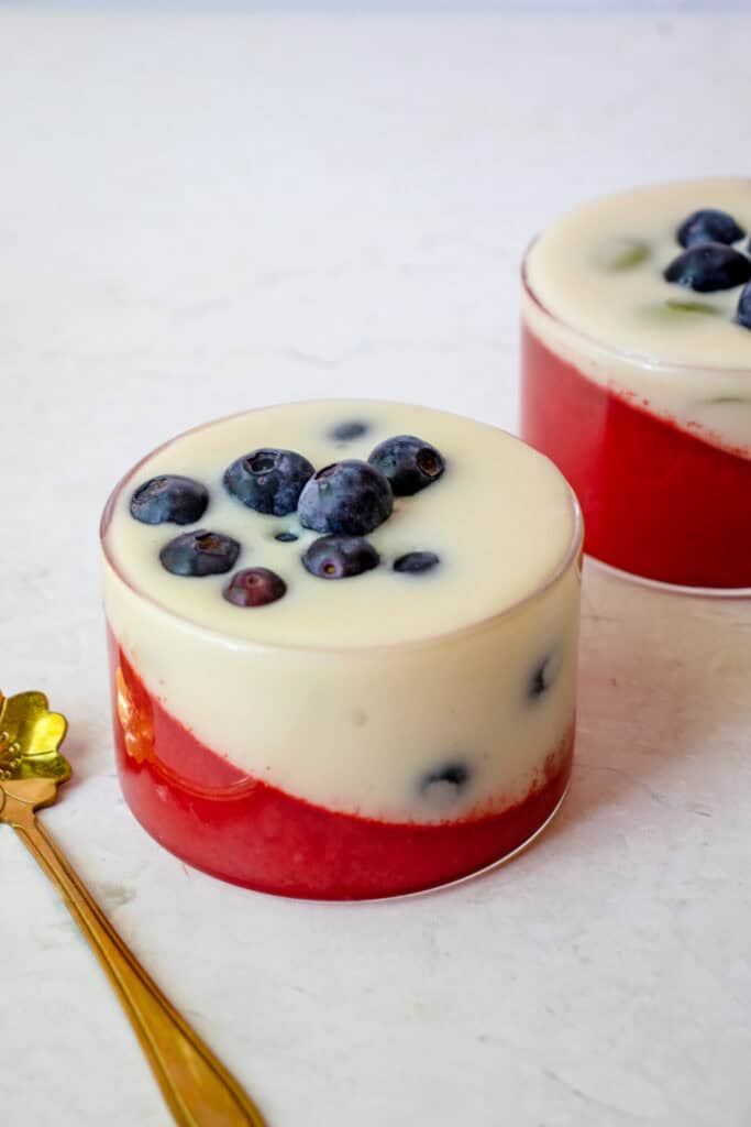 Two pots of Watermelon Jelly and Custard with fresh fruits topped with fresh blueberries, with a gold dessert spoon.