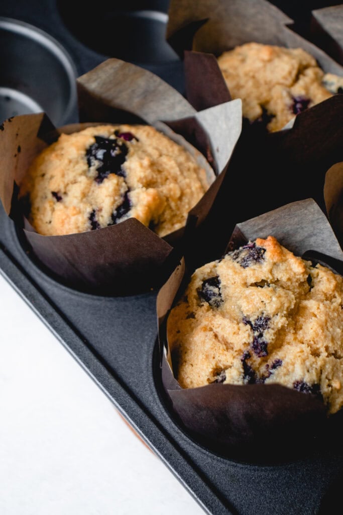 Baked lemon blueberry muffins in a muffin tin.