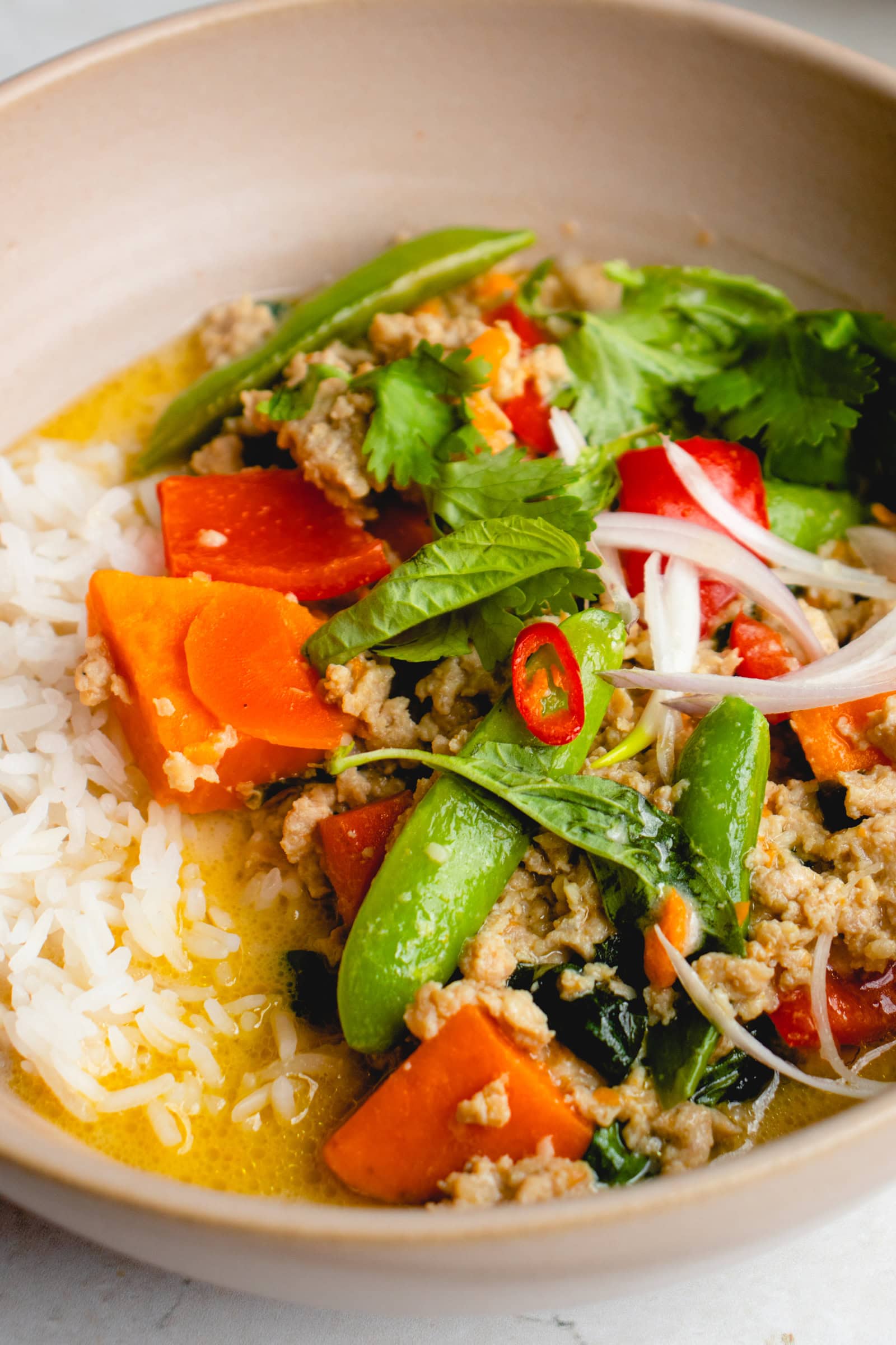 Thai Green Curry with Ground Chicken and Vegetables